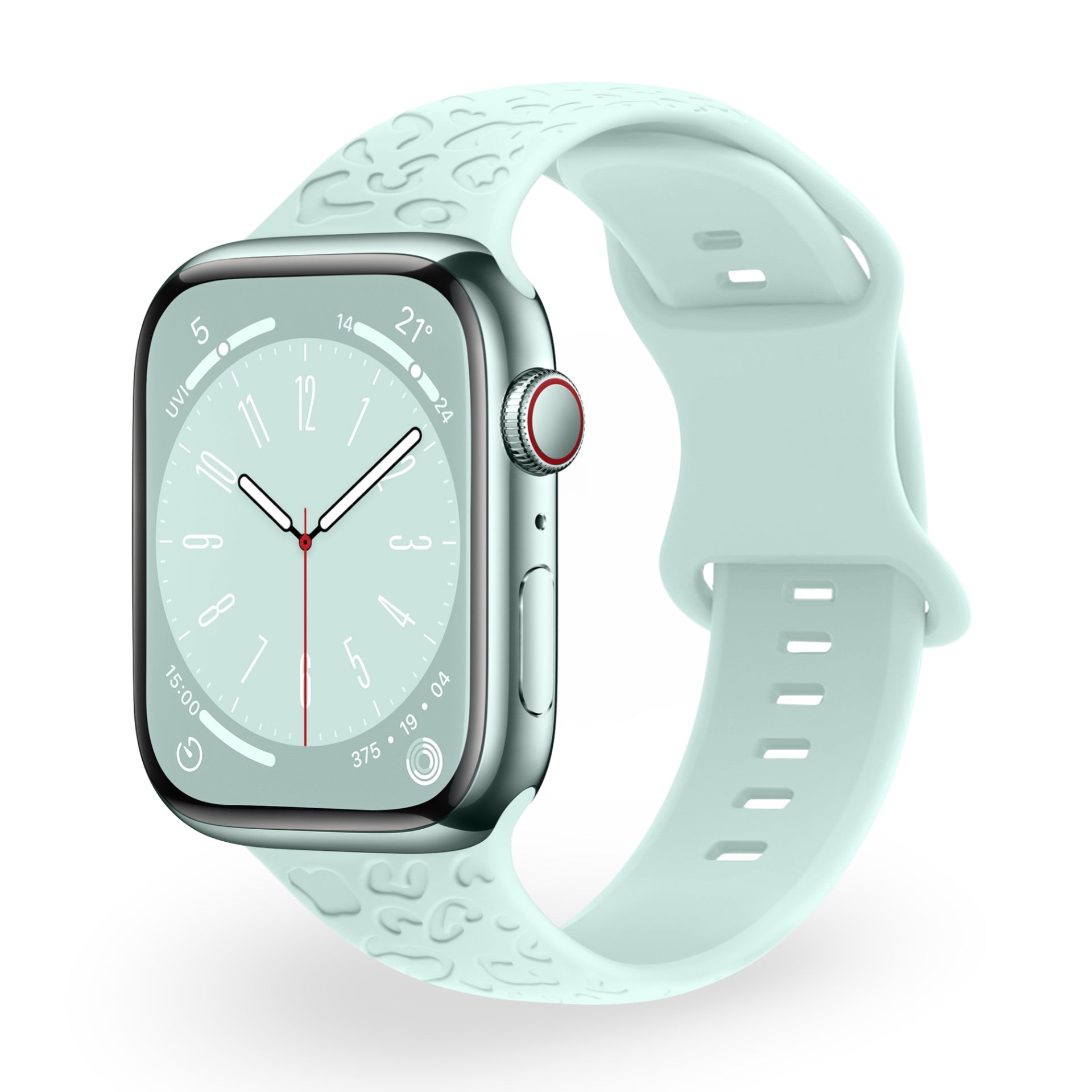 Bracelet Apple Watch silicone vert clair modèle Soria avec texture discrète et boucle ajourée.