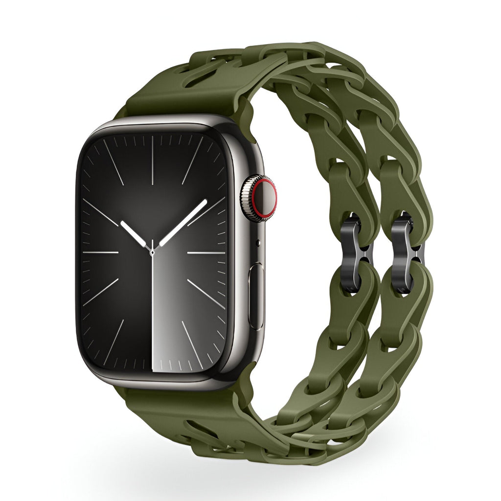 Bracelet Apple Watch en silicone vert olive double boucle au design nervuré, mixte, modèle Vexa.