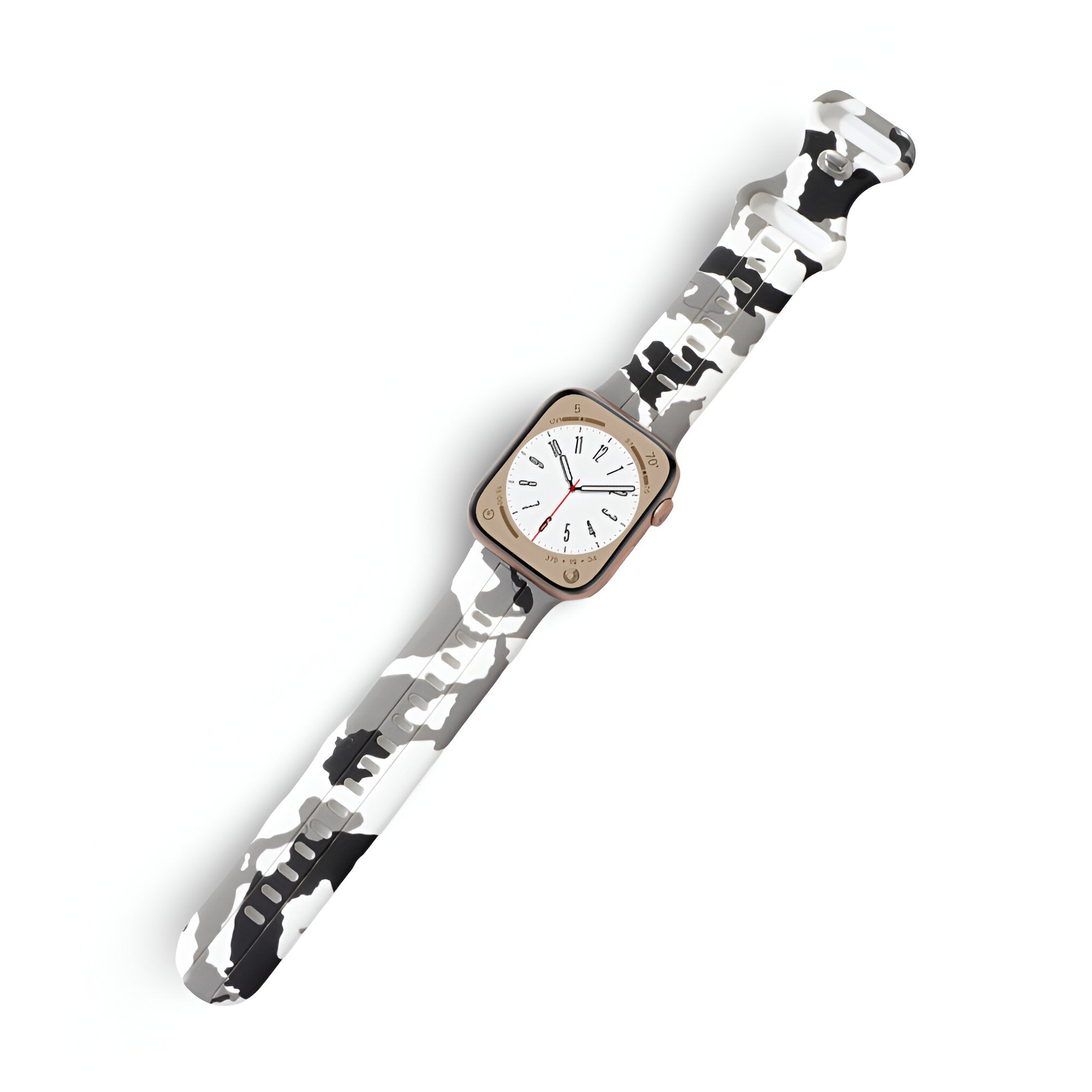 Bracelet Apple Watch en silicone blanc à motif camouflage gris et noir, style mixte.