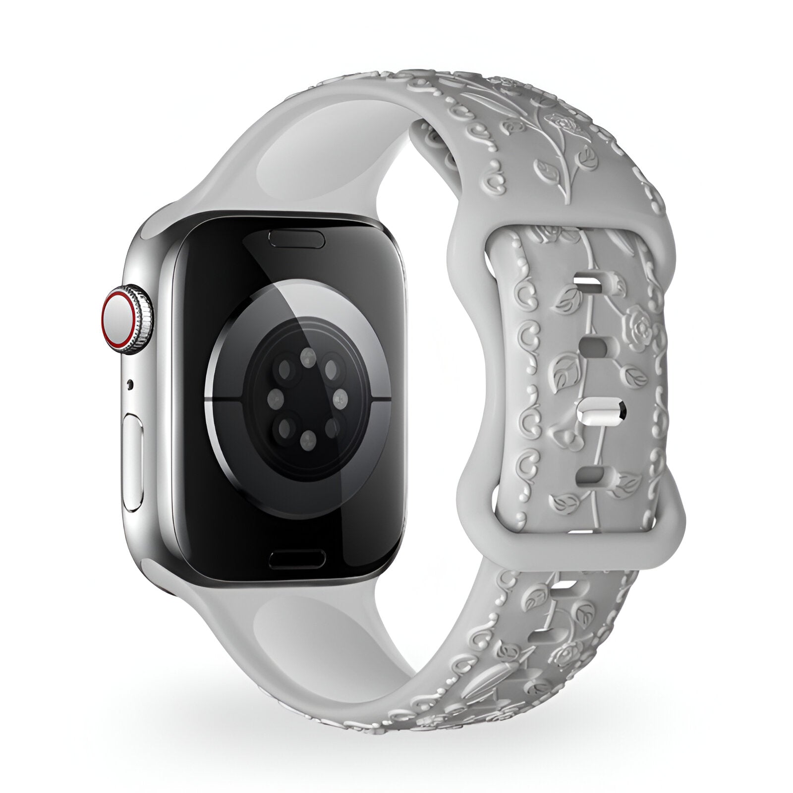 Bracelet Apple Watch en silicone blanc motif floral en relief taille 38-42 mm.