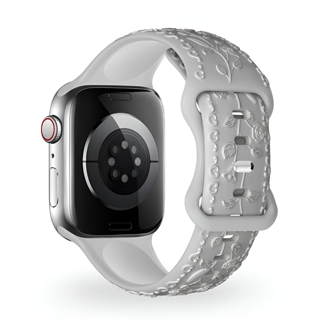 Bracelet Apple Watch en silicone blanc motif floral en relief taille 38-42 mm.