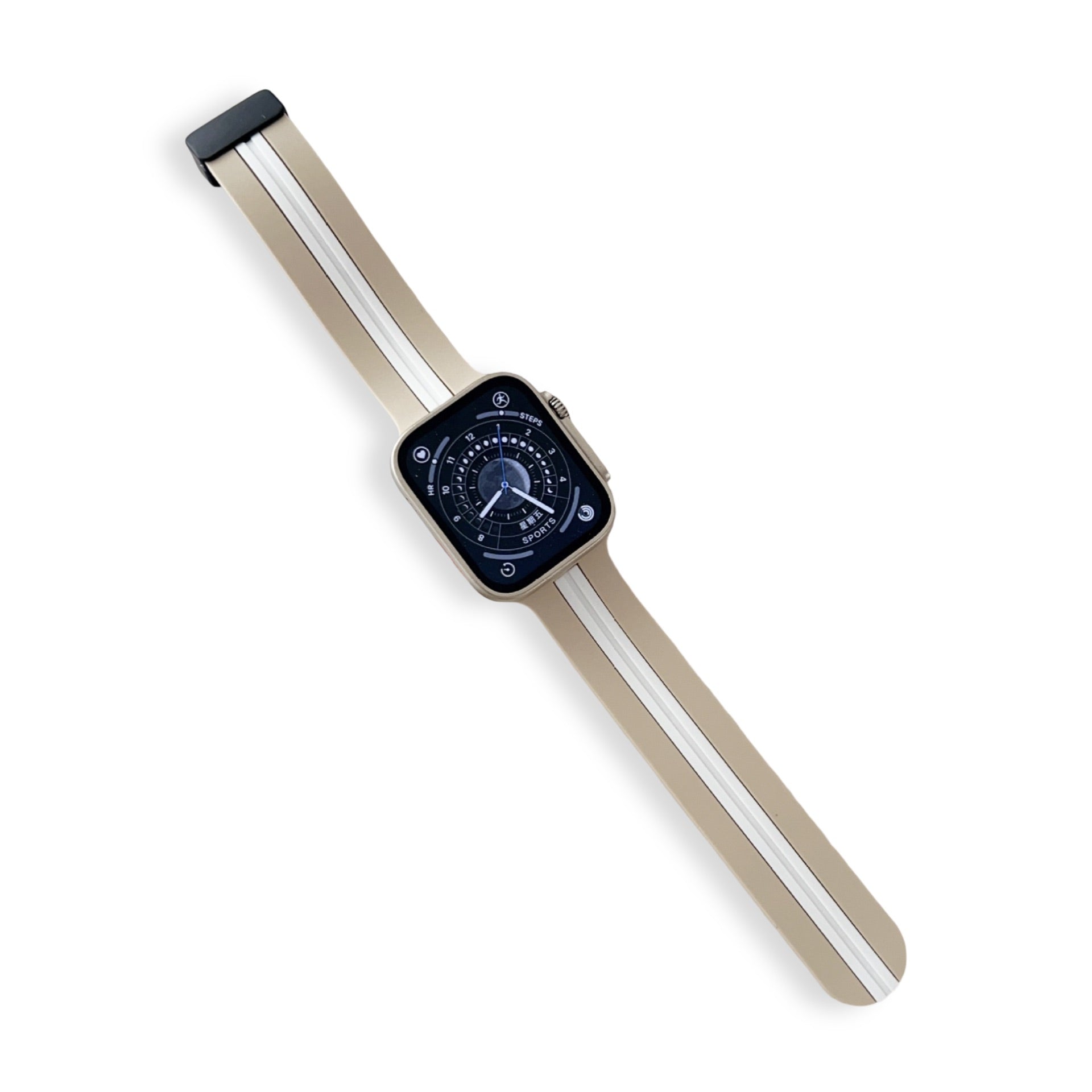 Bracelet Apple Watch en silicone beige avec bande blanche, modèle Faelan pour femme, taille 38-42 mm.