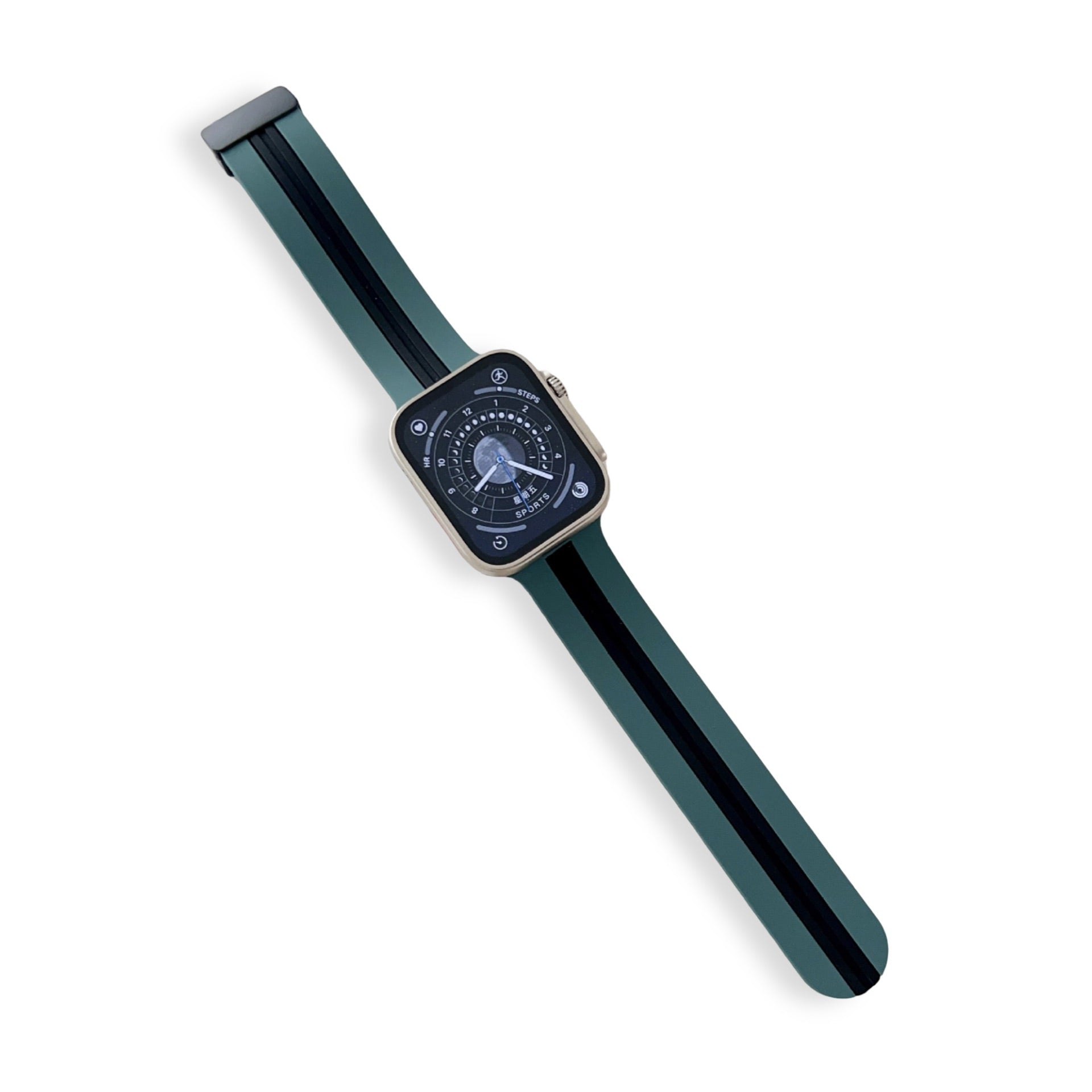 Bracelet Apple Watch en silicone gris et noir, modèle Faelan, ajustable 38-42 mm.