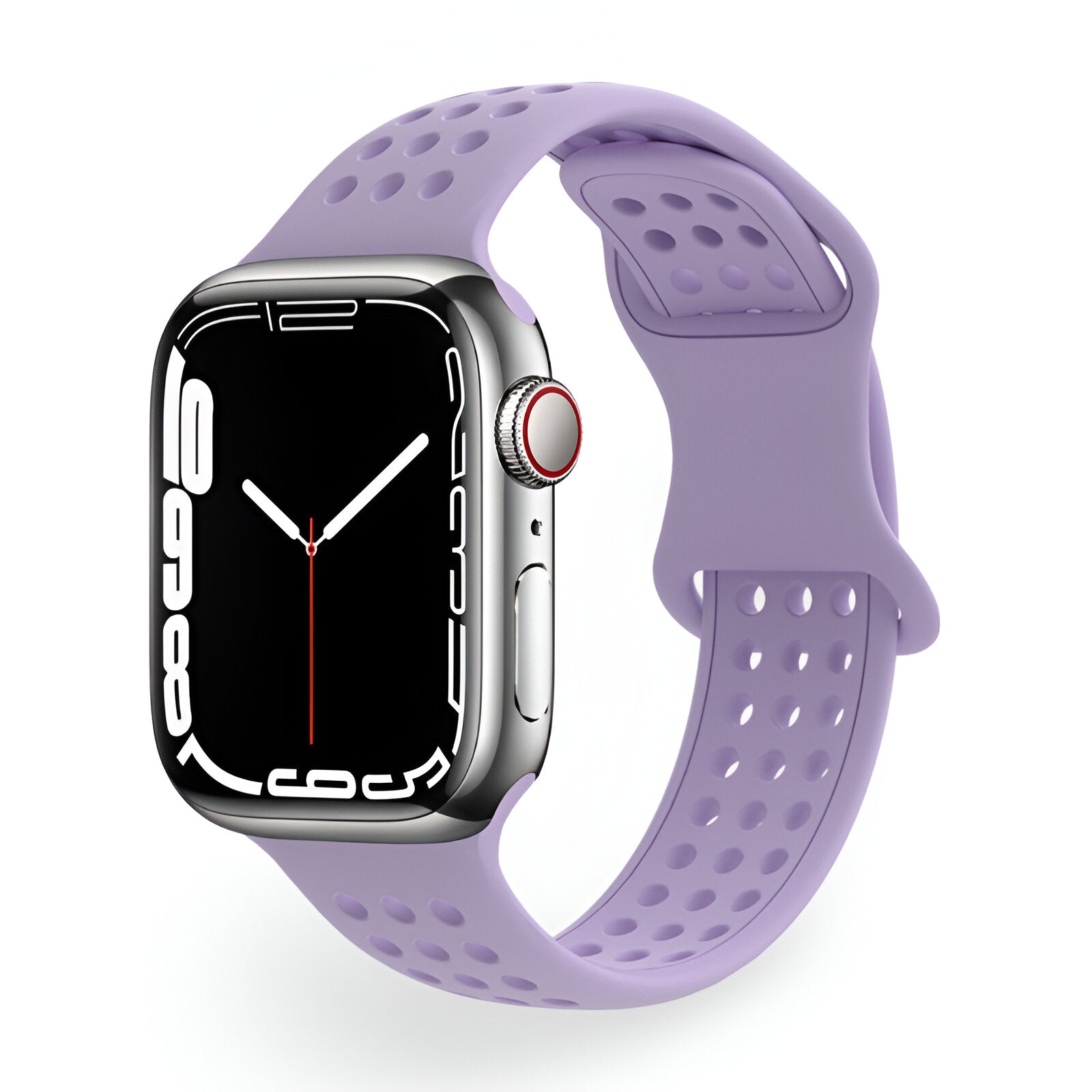 Bracelet pour Apple Watch en silicone lavande avec perforations ajustables, modèle Yara.