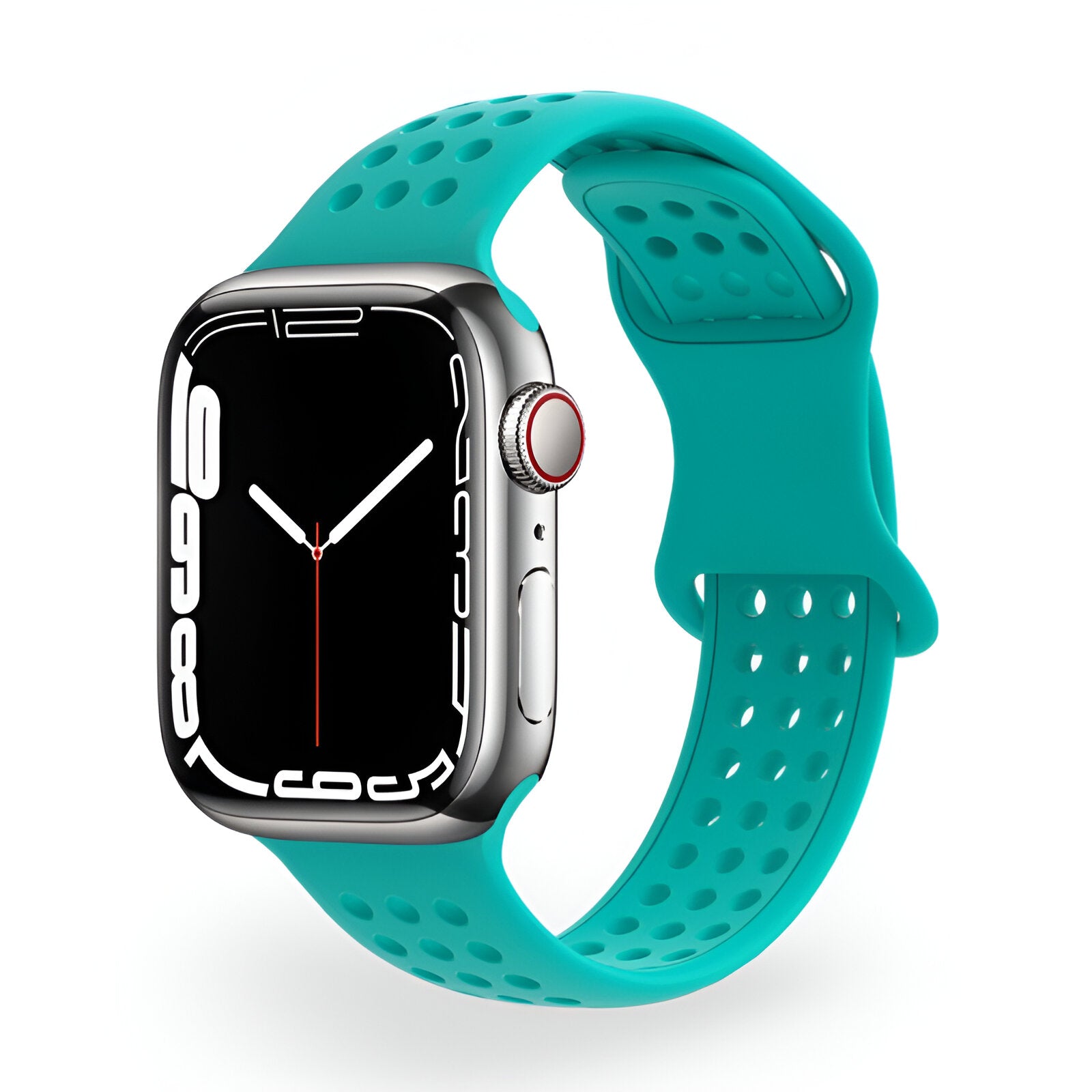 Bracelet en silicone turquoise perforé pour Apple Watch, modèle Yara, pour femme.