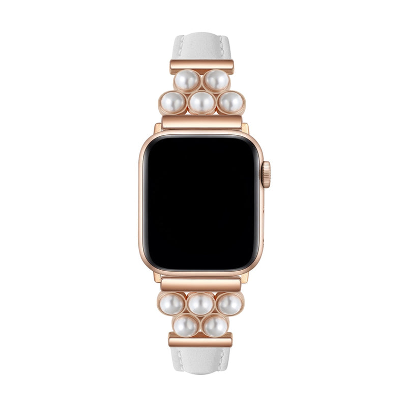 Bracelet Apple Watch rose en simili vegan avec perles blanches, style élégant pour femme.