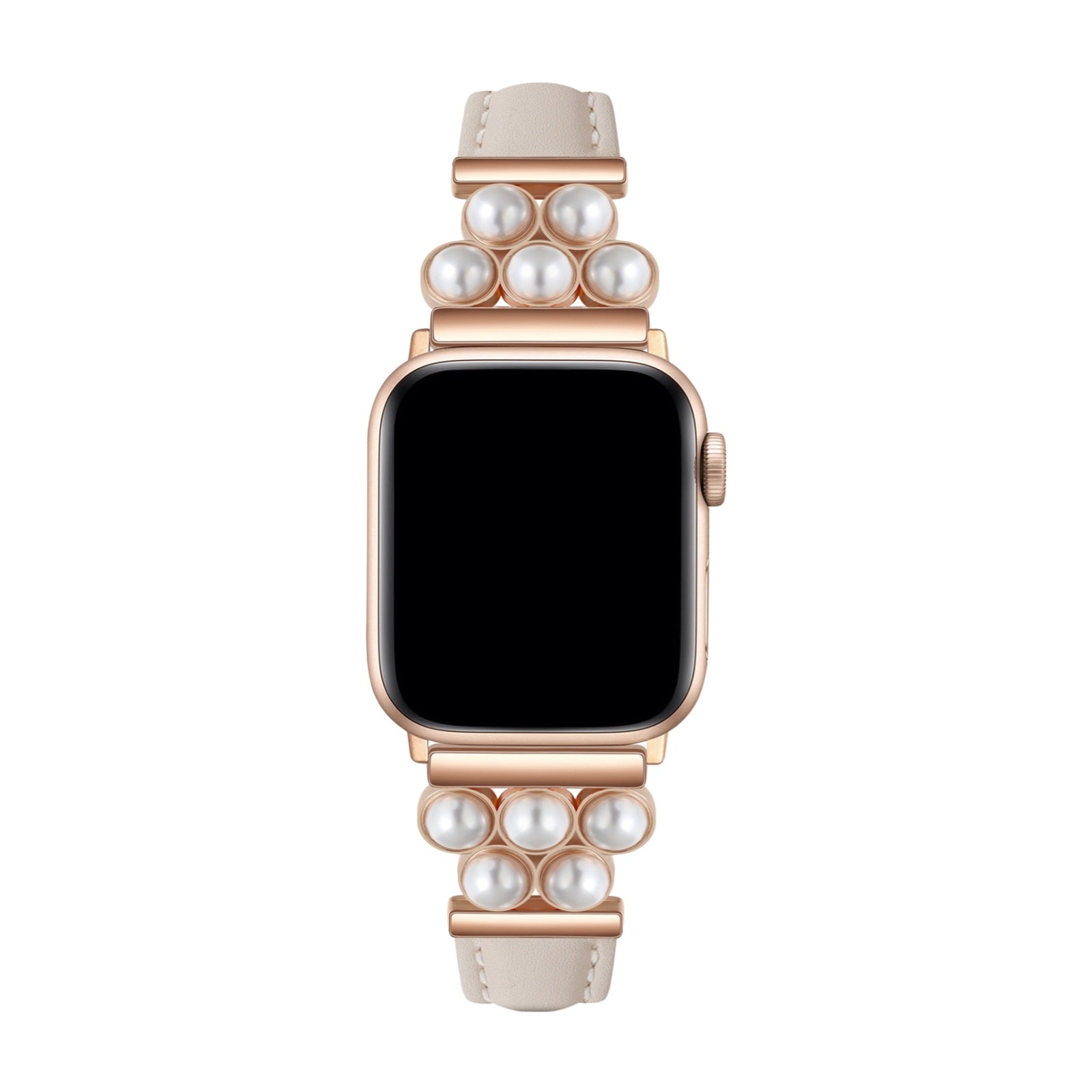 Bracelet Apple Watch taupe en simili vegan orné de perles blanches, modèle Amira, pour femme.