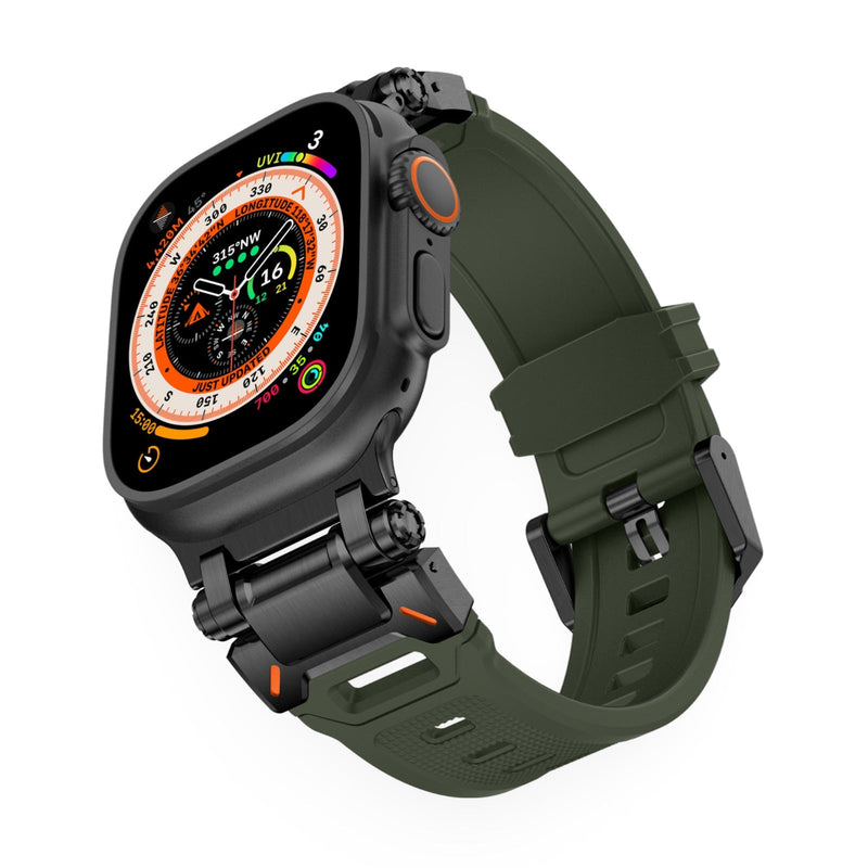 Bracelet Apple Watch mixte vert foncé en thermoplastique, boucle métallique noire mat.