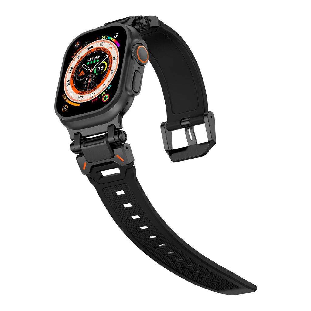 Bracelet Apple Watch thermoplastique noir avec détails orange, boucle métallique noire, modèle Carmen.