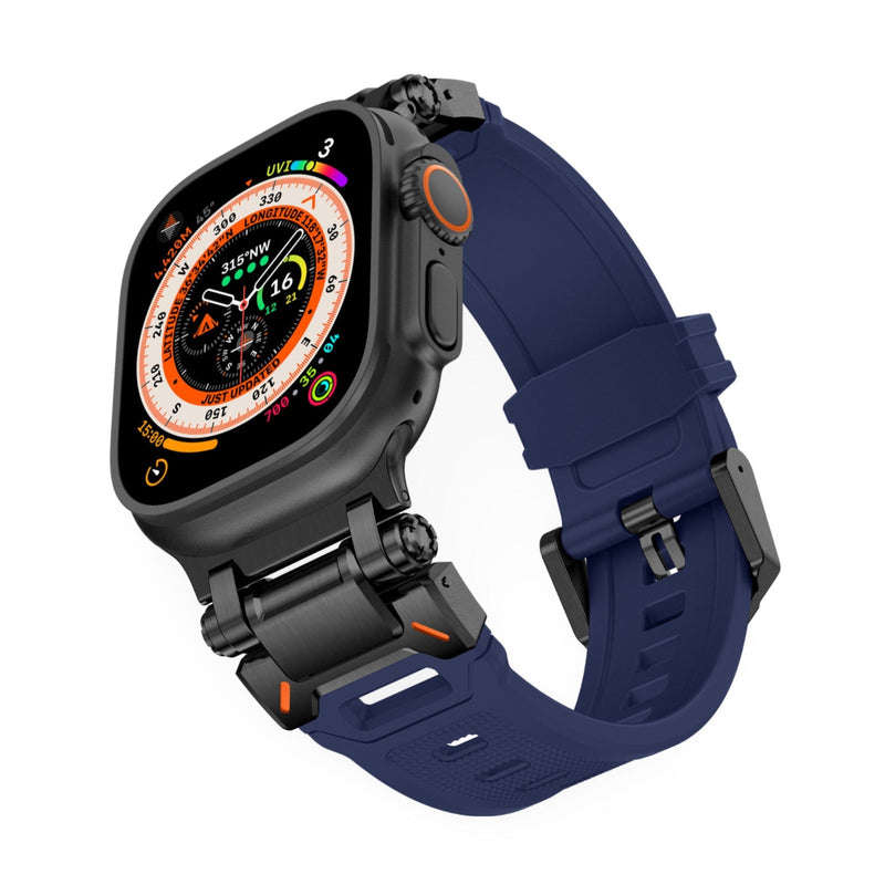 Bracelet silicone bleu pour Apple Watch avec boucle noire, modèle Carmen, taille 43-49 mm.