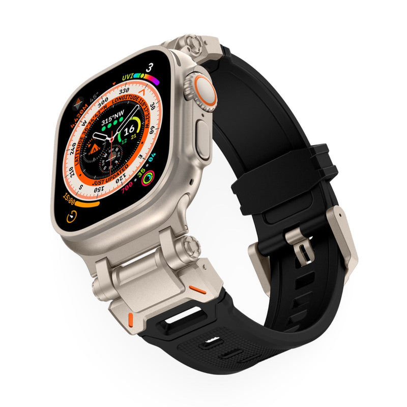 Bracelet Apple Watch mixte Carmen en thermoplastique noir avec boucle argentée, adapté 43-49 mm.