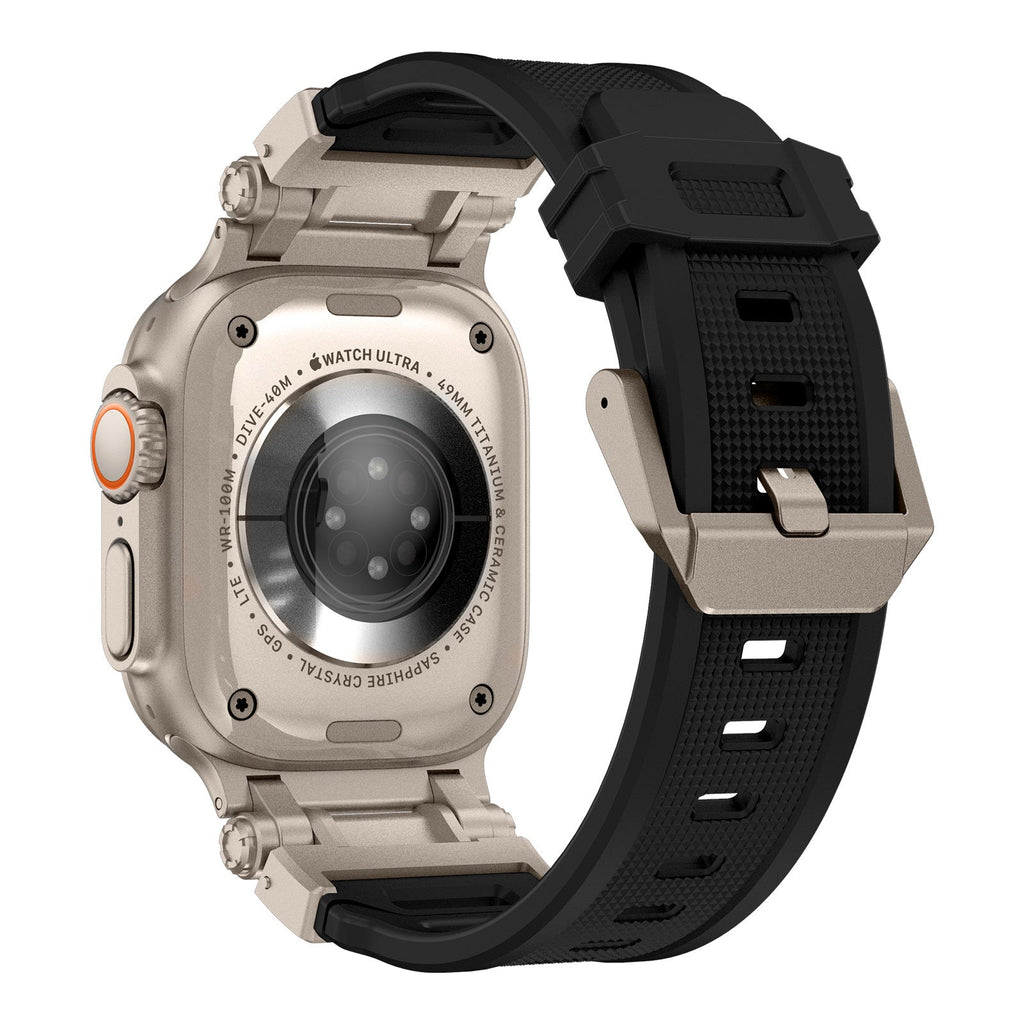 Bracelet Apple Watch modèle Carmen thermoplastique noir avec attache argentée adaptable 43-49 mm.