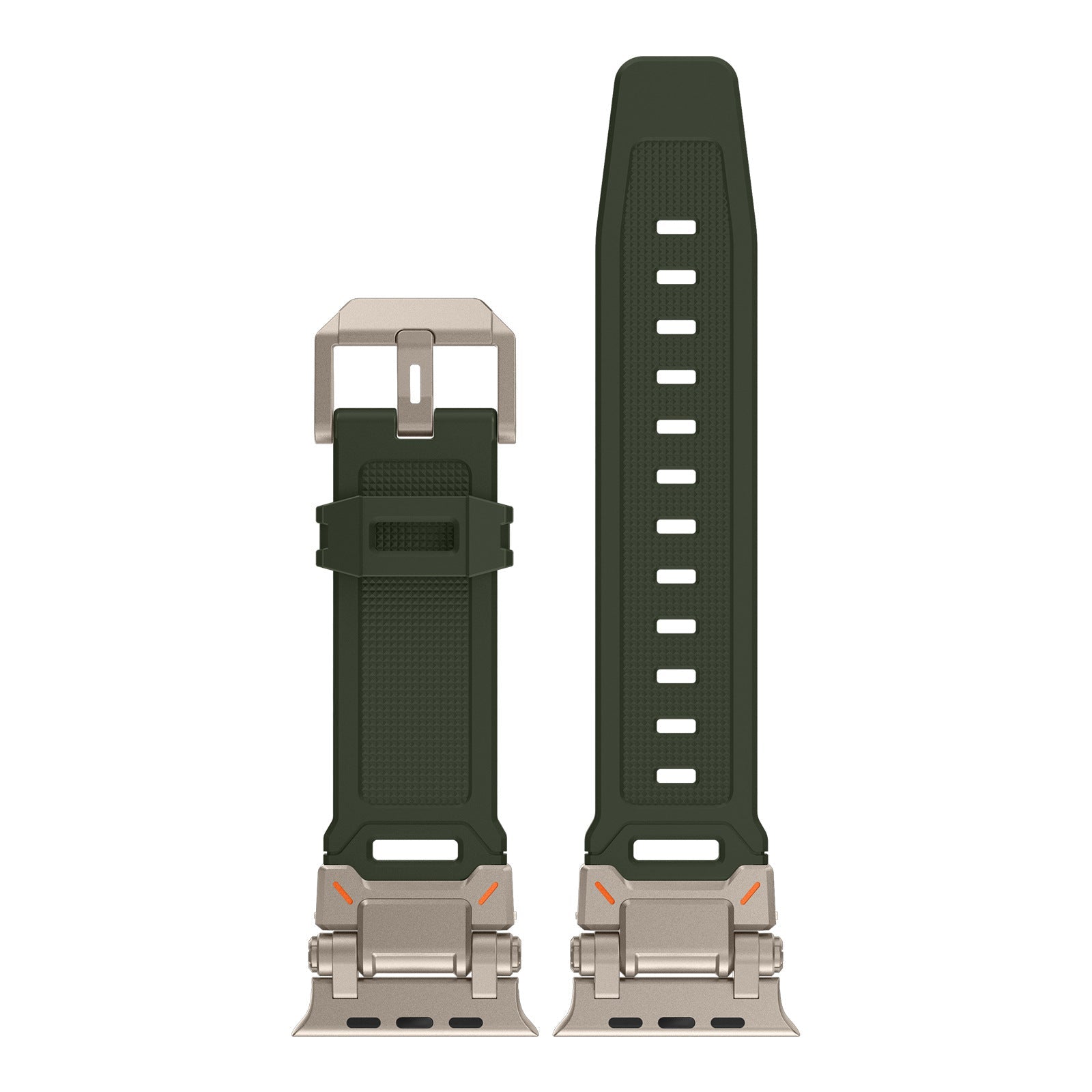 Bracelet Apple Watch en thermoplastique vert avec boucle argentée et attaches argentées.