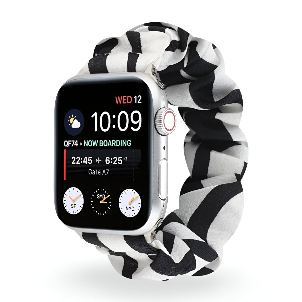 Bracelet élastique imprimé noir et blanc pour Apple Watch, style scrunchie, femme.