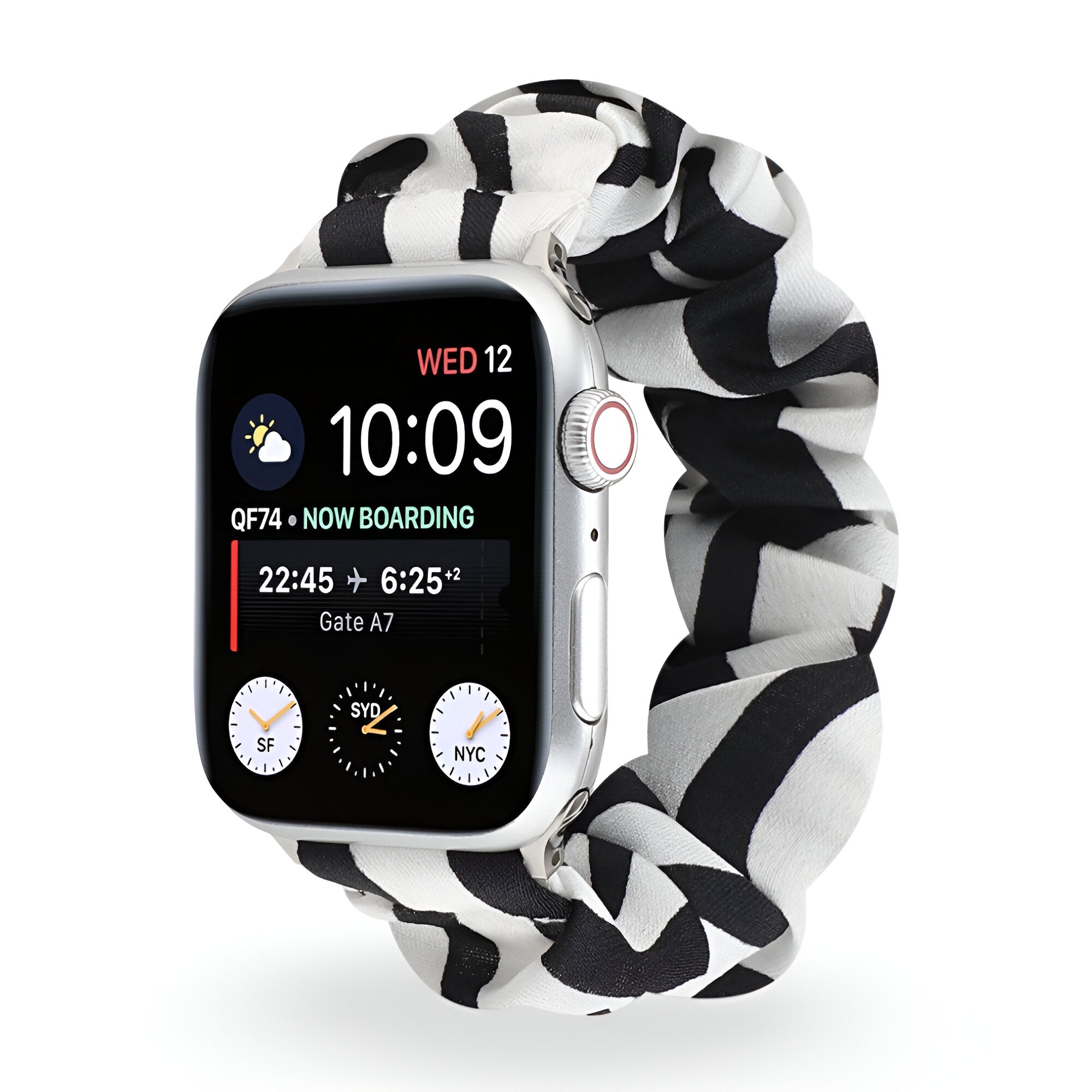 Bracelet élastique imprimé noir et blanc pour Apple Watch, style scrunchie, femme.