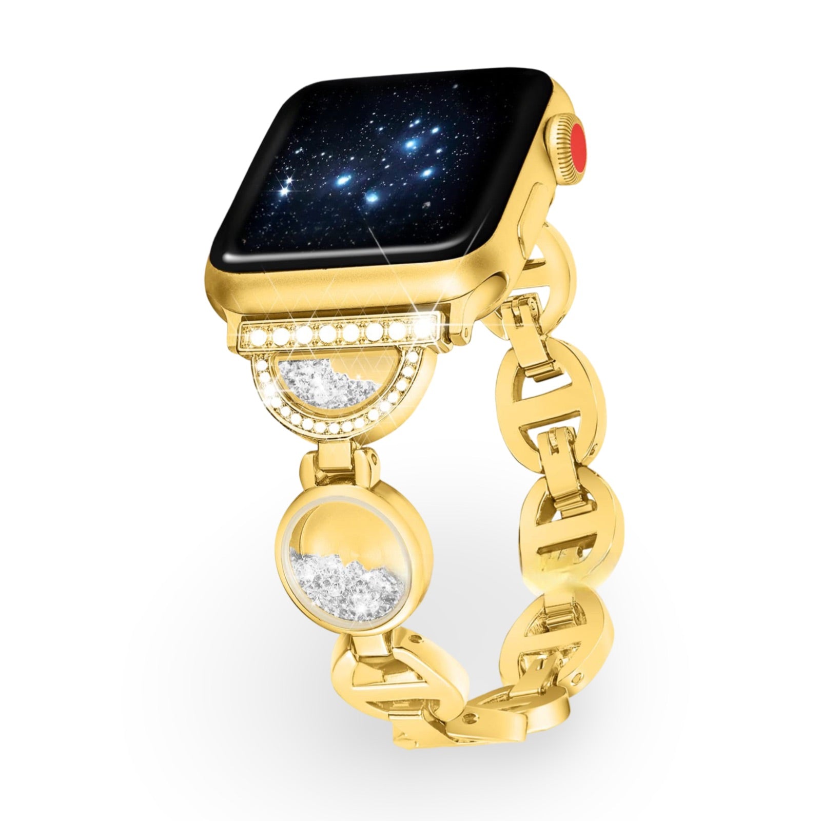 Bracelet Apple Watch or rosé avec incrustations de sable blanc et maillons élégants pour femme.