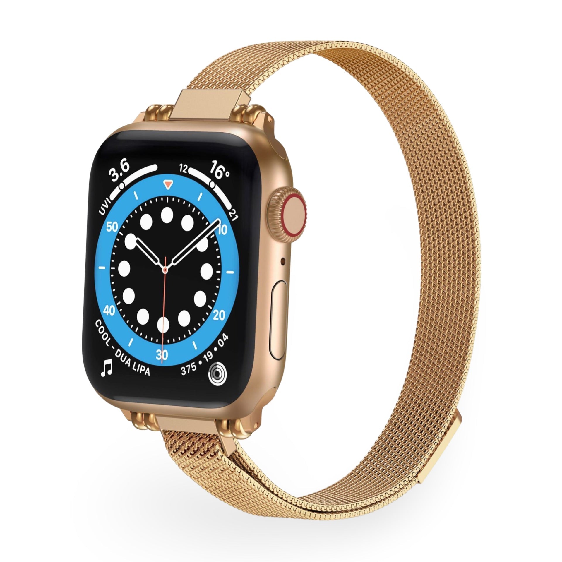 Bracelet maille milanaise or rosé pour Apple Watch avec boîtier assorti, élégant et fin.