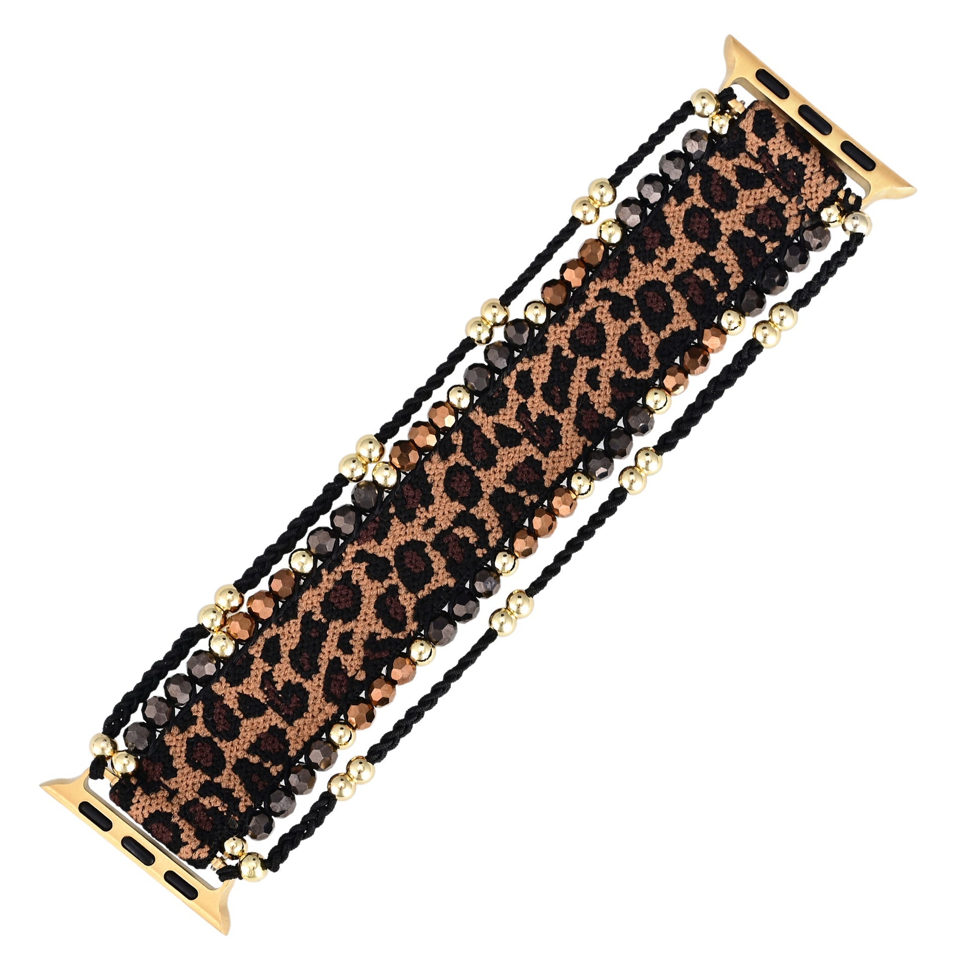 Bracelet pour Apple Watch marron à motif léopard avec perles noires et dorées élégantes.