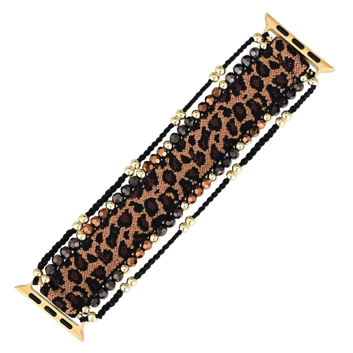 Bracelet pour Apple Watch marron à motif léopard avec perles noires et dorées élégantes.