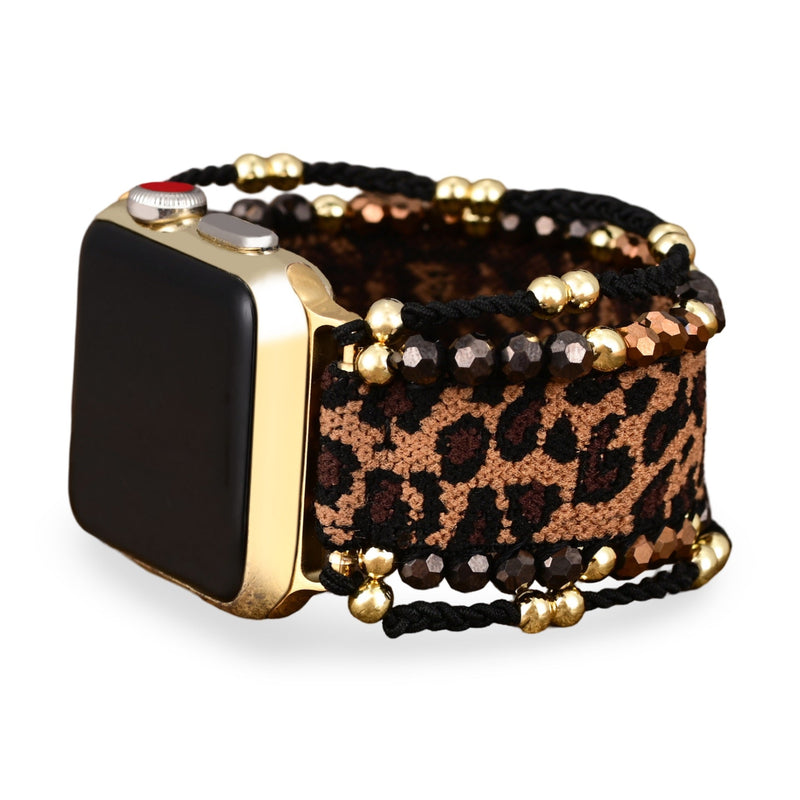 Bracelet Apple Watch femme motif léopard marron avec perles noires et dorées, style tressé.