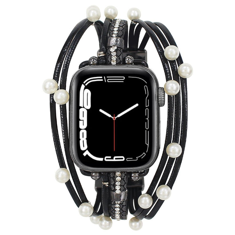 Bracelet multi-rangs noir en cuir avec perles blanches pour Apple Watch, modèle Sérine.