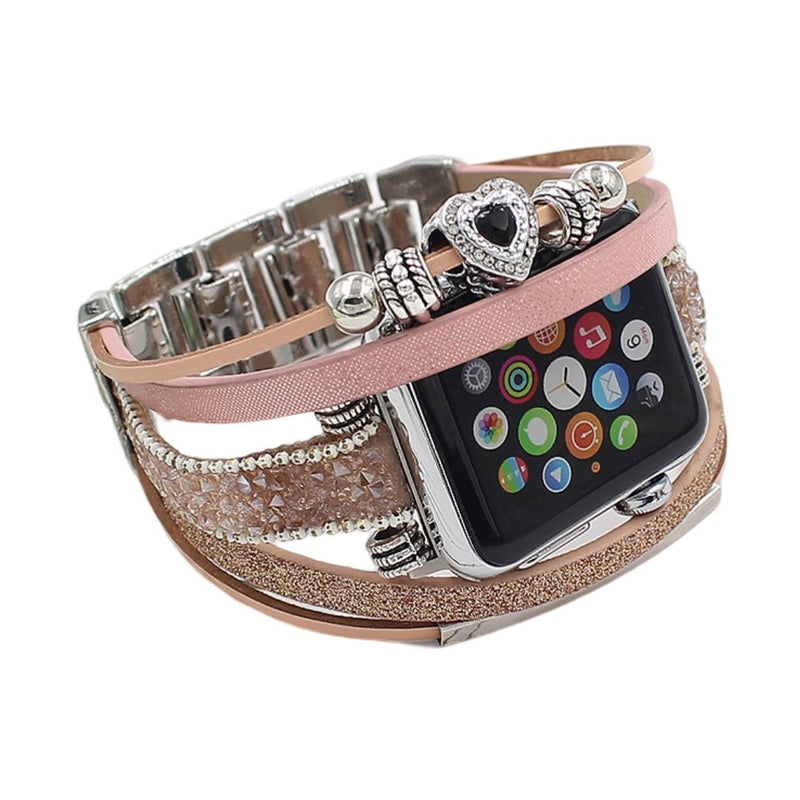 Bracelet multi-rangs rose et argenté avec charm cœur pour Apple Watch, style féminin élégant.