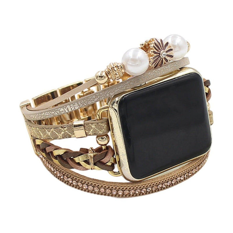 Bracelet multi-rangs or avec charms perles et fleur pour Apple Watch, style bohème chic.