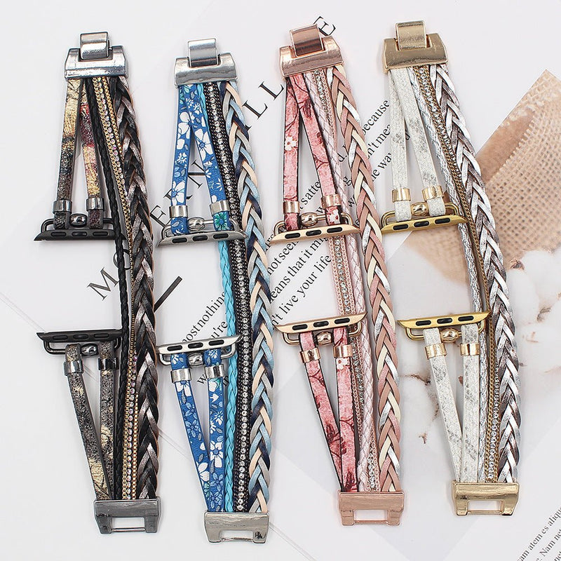 Bracelets Apple Watch multi-rangs pour femme avec motif floral en noir, bleu, rose et blanc, boucles métalliques dorées et.