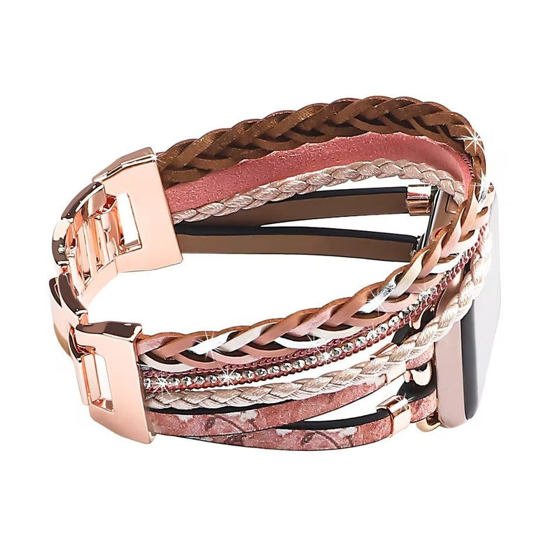 Bracelet multi-rangs rose et marron pour Apple Watch avec motif floral et fermoir doré rose.