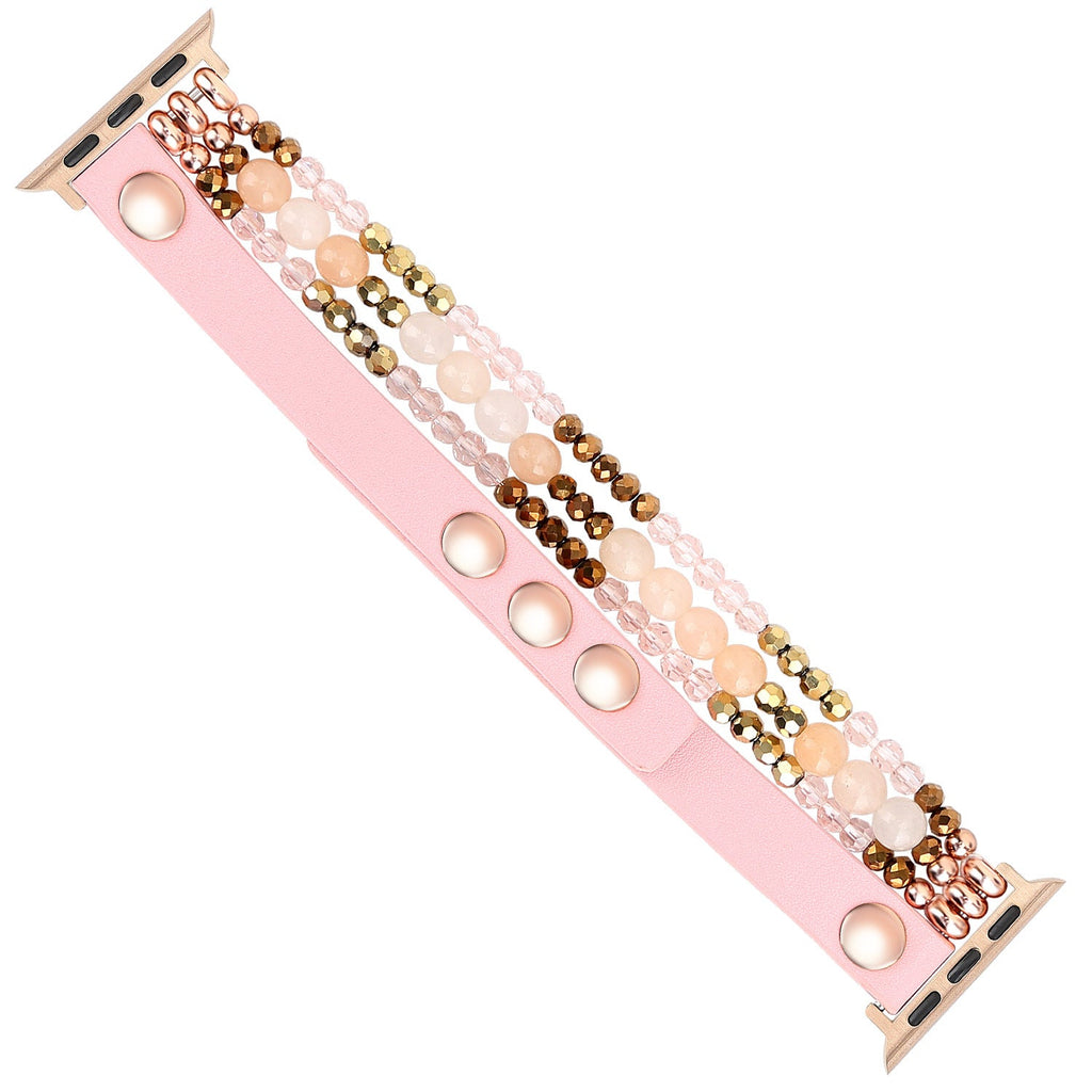 Bracelet Apple Watch multi-rangs perlé rose avec perles dorées, blanches et roses, fermeture à pression.