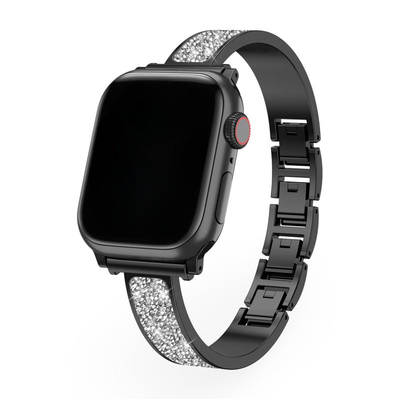 Bracelet Apple Watch femme noir avec paillettes argentées et maillons métalliques élégants.