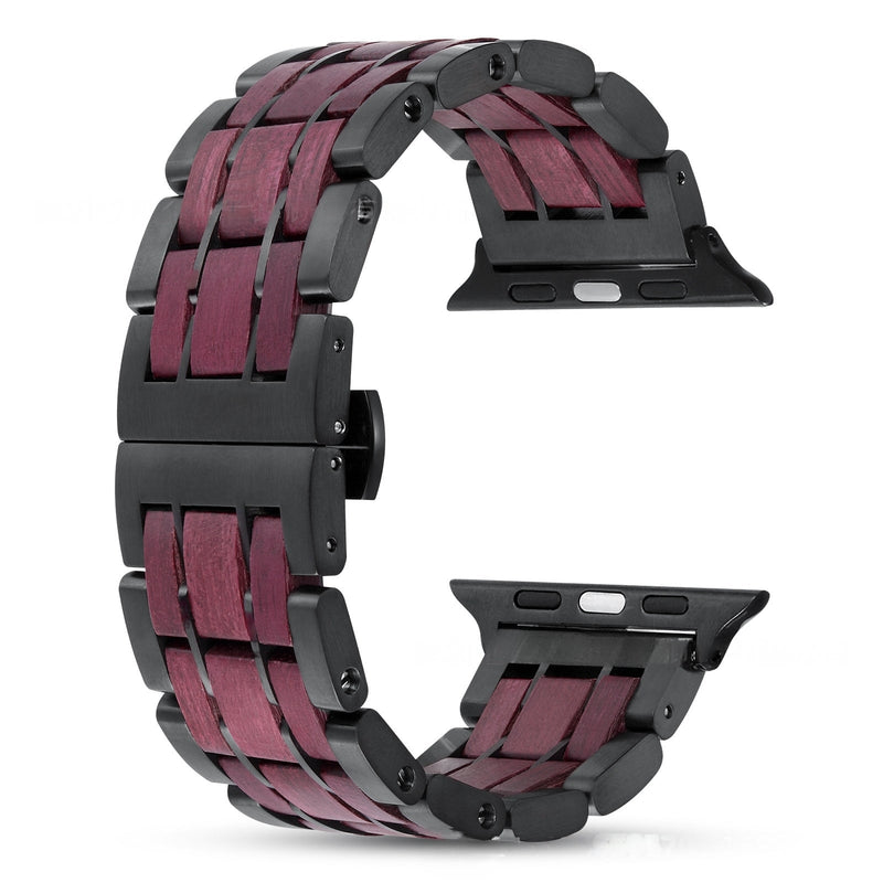 Bracelet pour Apple Watch en bois amarante et métal noir, style masculin et naturel, modèle Erwan.