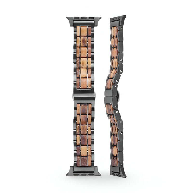 Bracelet de montre en bois Guibourtia avec maillons rectangulaires et attaches noires pour Apple Watch.
