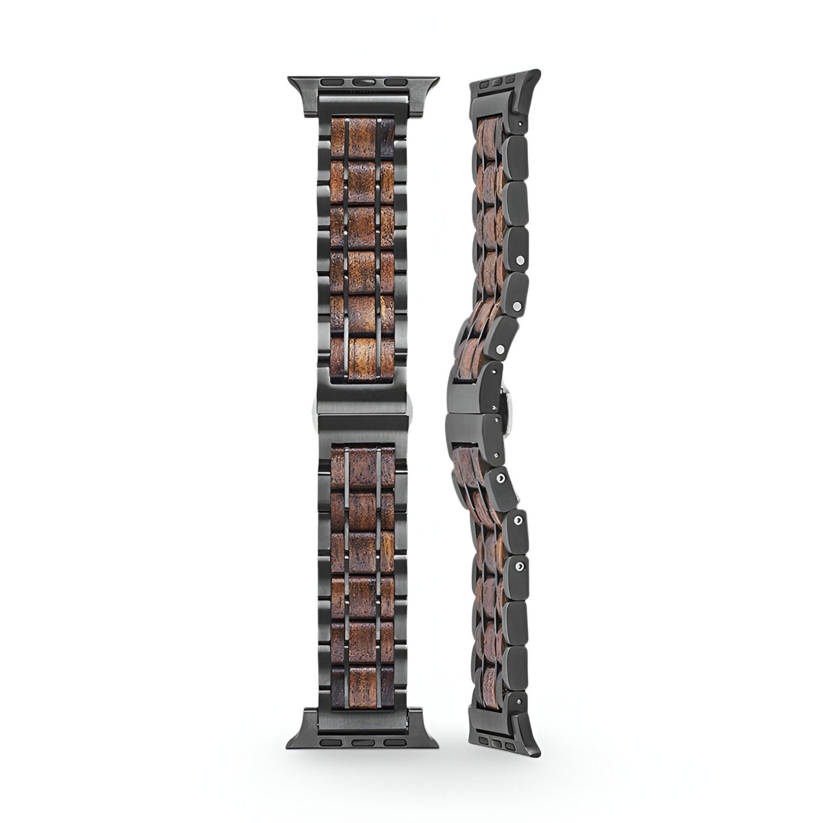 Bracelet de montre en bois Guibourtia avec maillons noirs, design élégant pour Apple Watch.