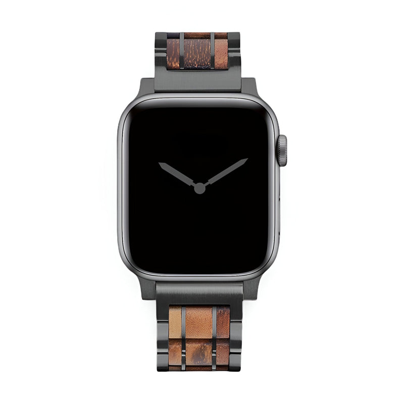 Bracelet de montre en bois Guibourtia avec maillons noirs pour Apple Watch homme, modèle Erwan.