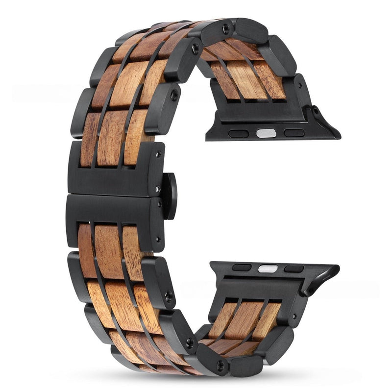 Bracelet de montre Apple Watch en bois Guibourtia avec maillons métalliques noirs, naturel et élégant.
