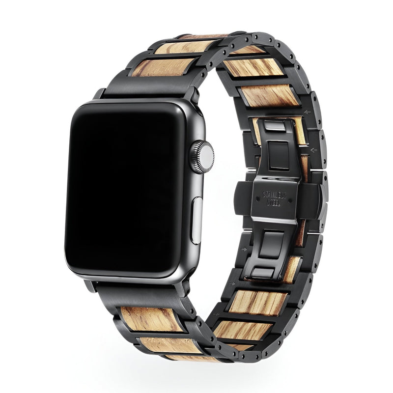Bracelet en bois naturel et métal noir pour Apple Watch, design élégant pour homme, modèle Franck.
