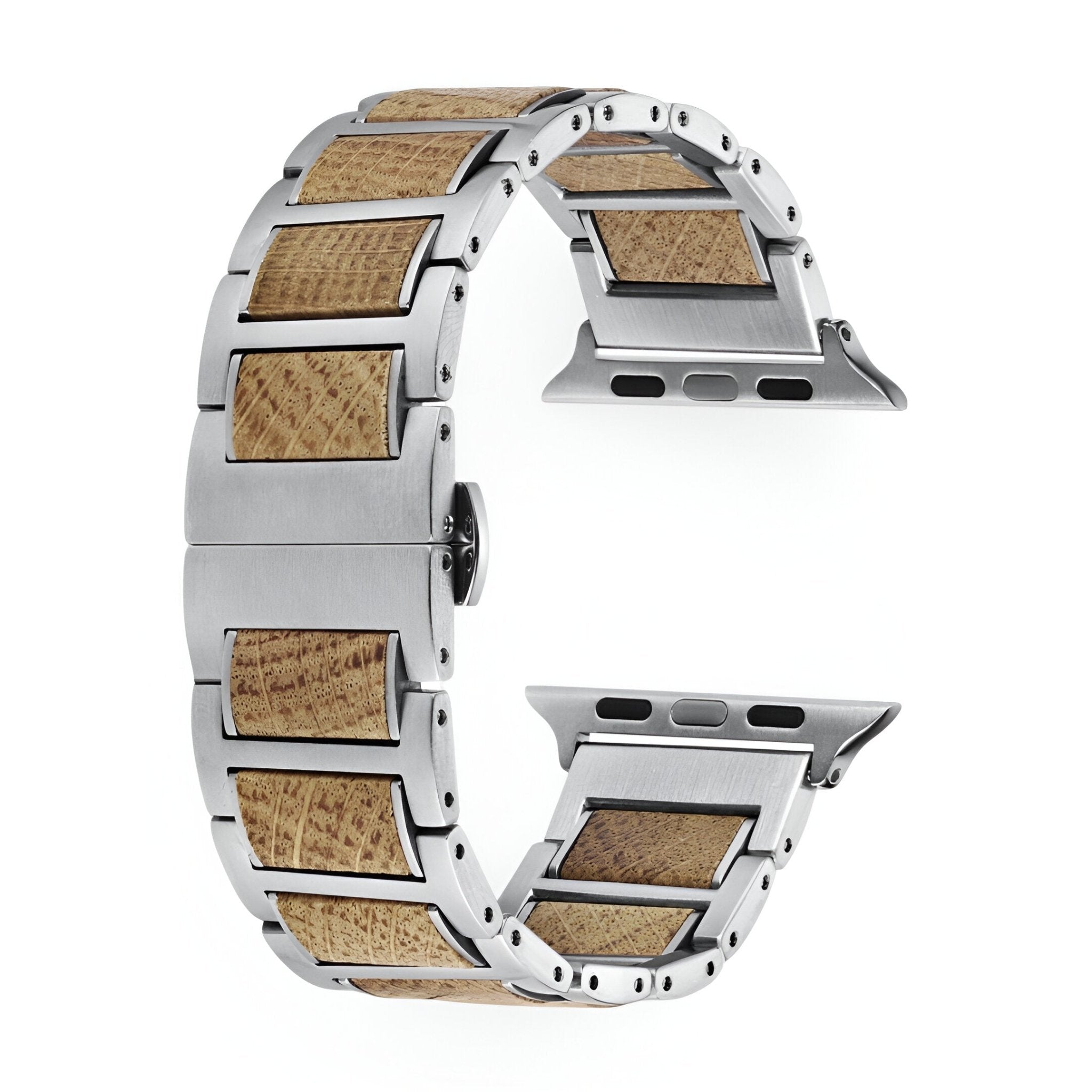 Bracelet de montre connectée en bois et acier argenté, design naturel et élégant, inserts bois clair.