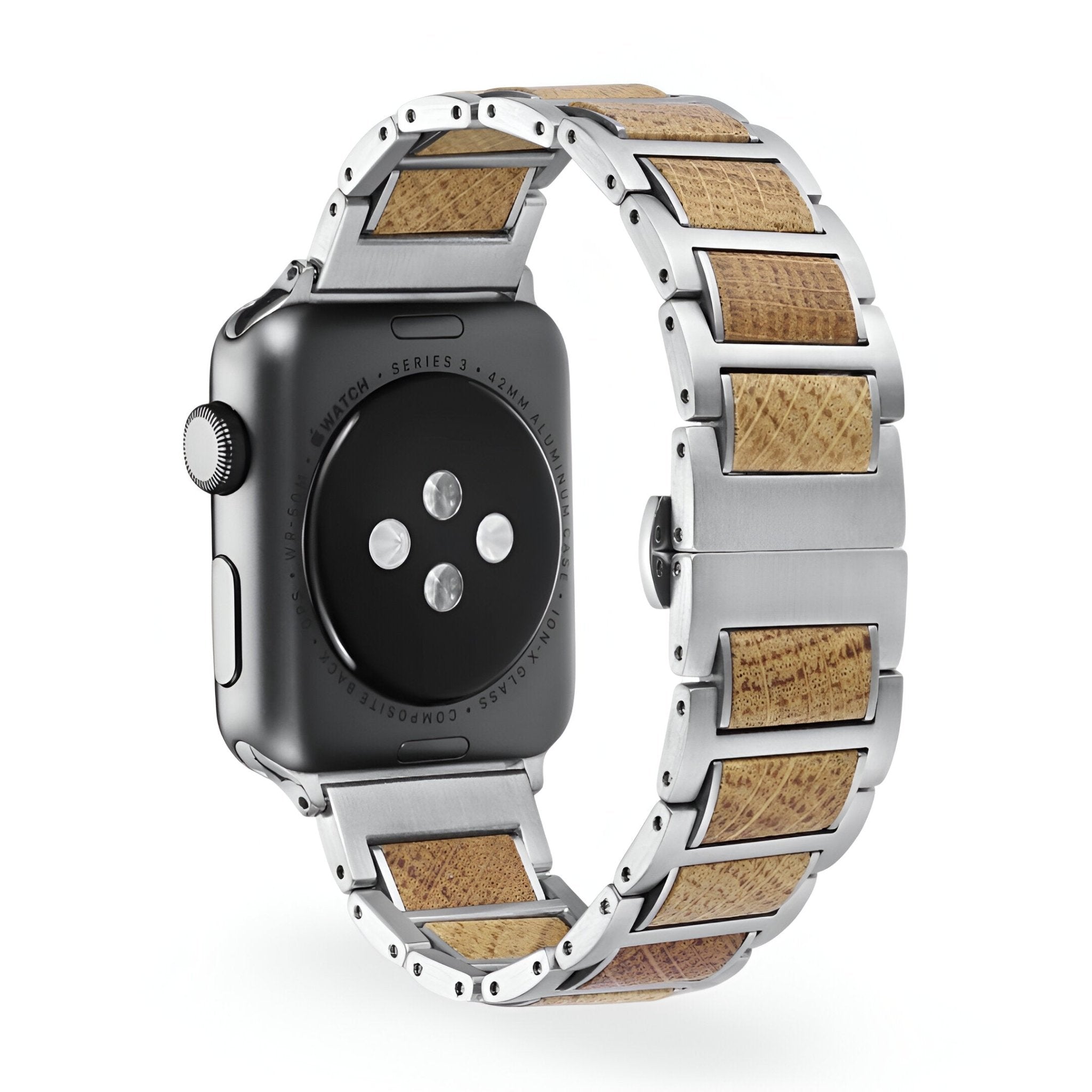 Bracelet en bois naturel et acier argenté pour Apple Watch, design élégant pour homme, modèle Franck.