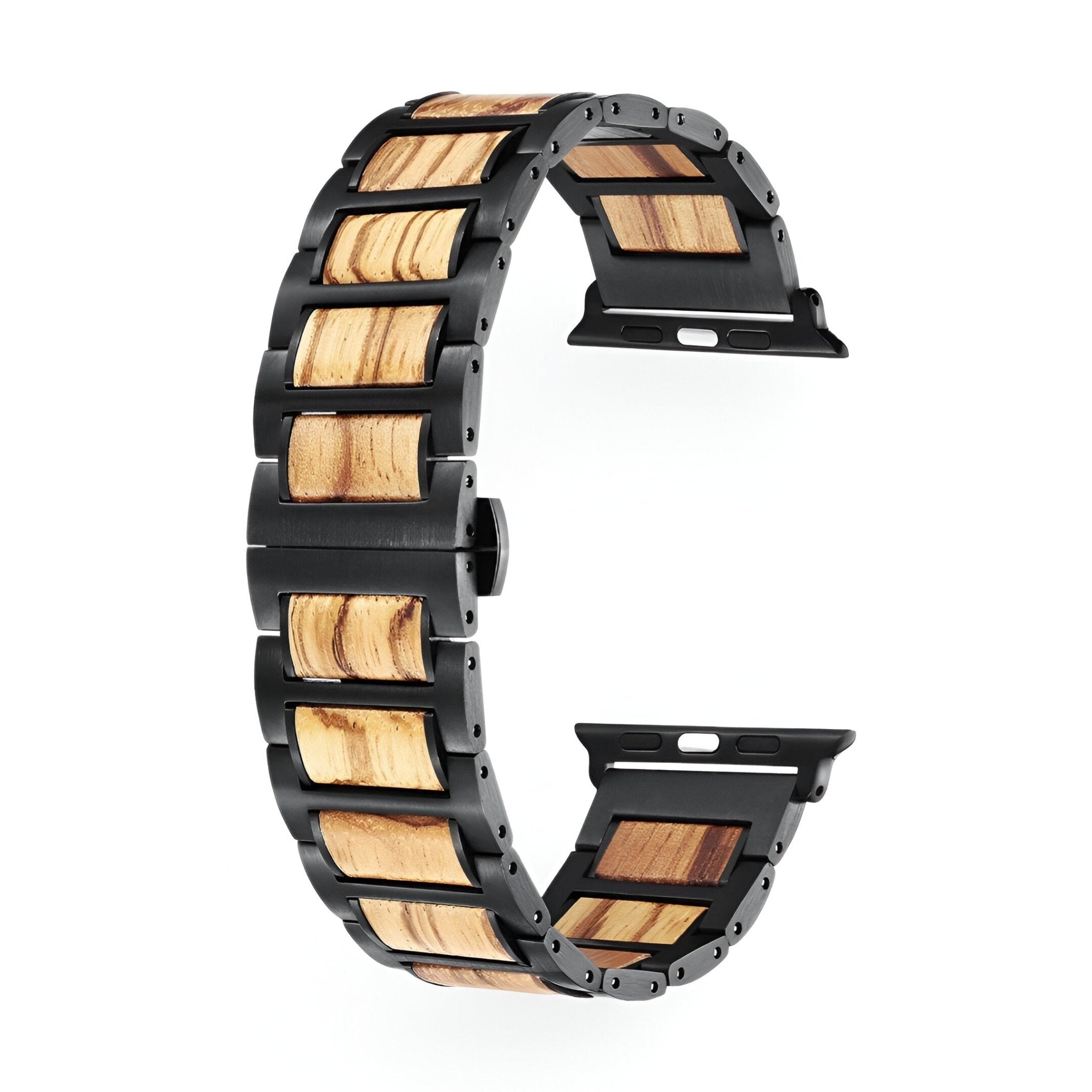 Bracelet de montre en bois naturel et métal noir pour Apple Watch, style masculin et élégant.