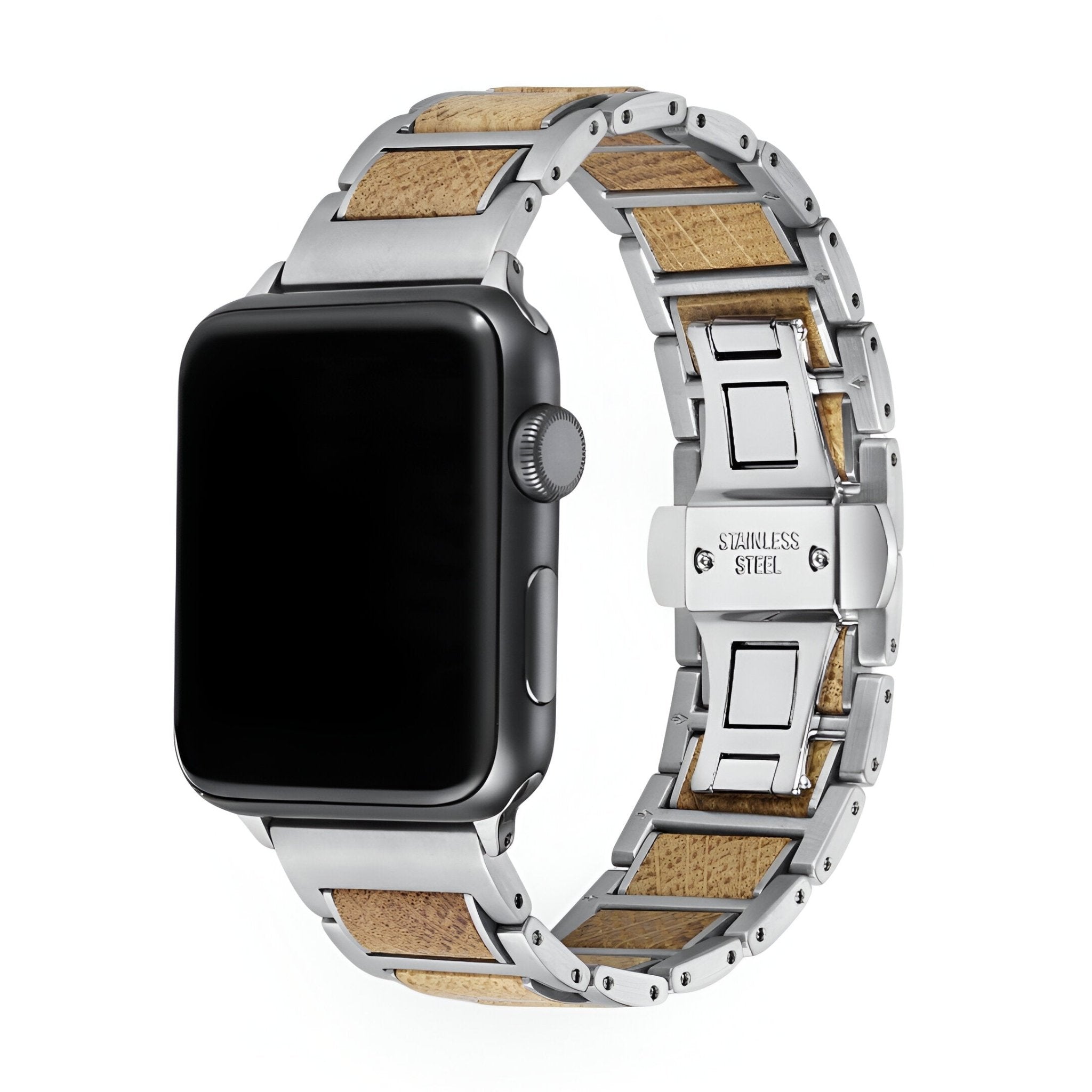 Bracelet Apple Watch pour homme en acier argenté avec inserts en bois clair, style naturel élégant.