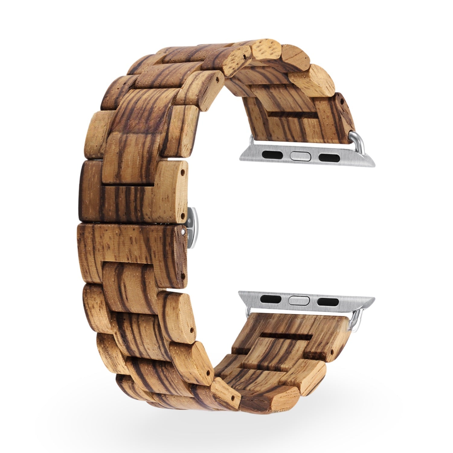 Bracelet en bois Zébrano naturel pour Apple Watch, maillons larges et fermoir métallique argenté.
