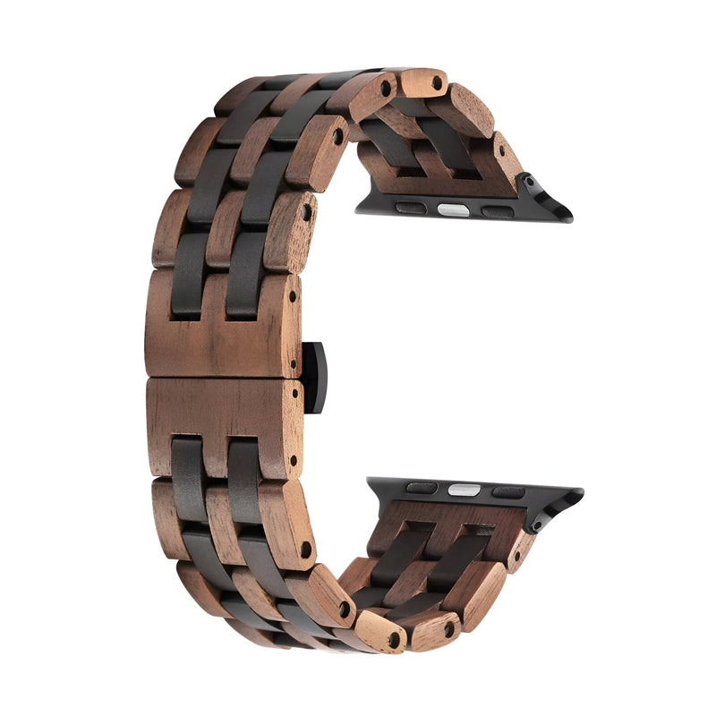 Bracelet de montre Apple Watch en bois zébrano et ébène noir, design segmenté pour homme.