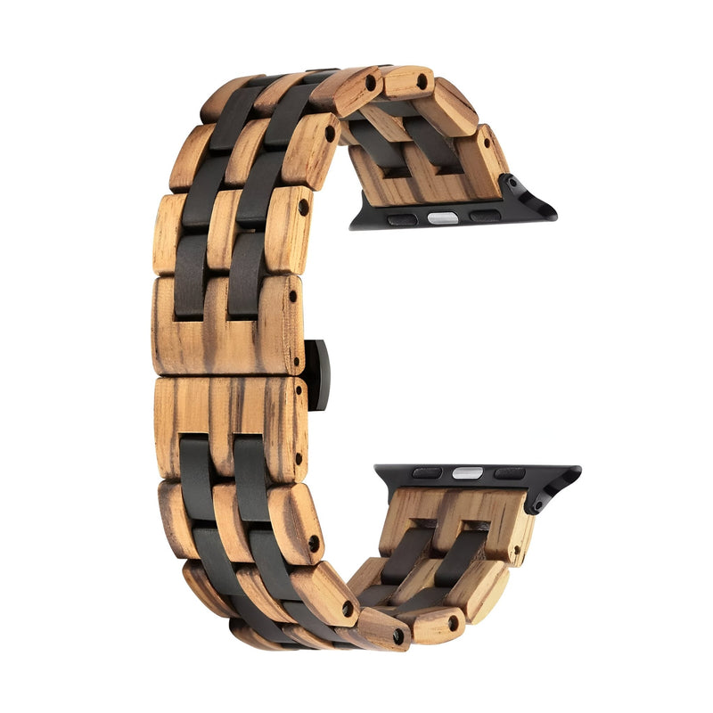 Bracelet de montre en bois zébrano et ébène noir pour Apple Watch, style naturel et élégant.