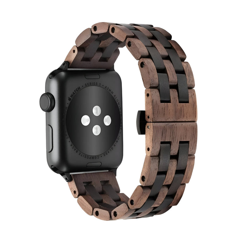 Bracelet de montre Apple Watch en bois de noyer et ébène noir, style élégant masculin.
