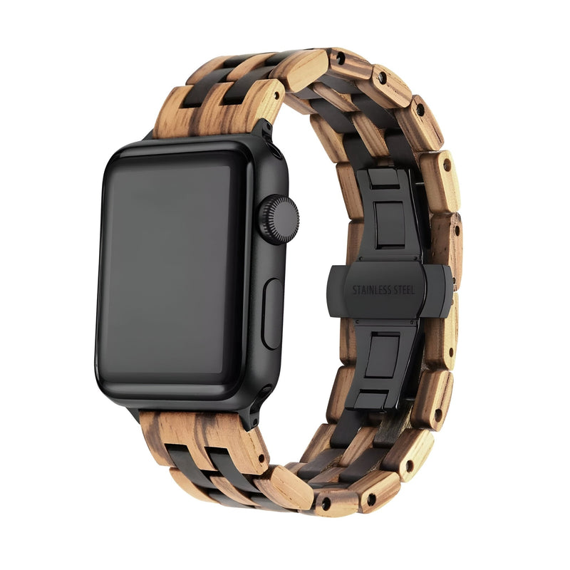 Bracelet Apple Watch en bois zébrano et ébène noir, design naturel et masculin, fermeture déployante noire.
