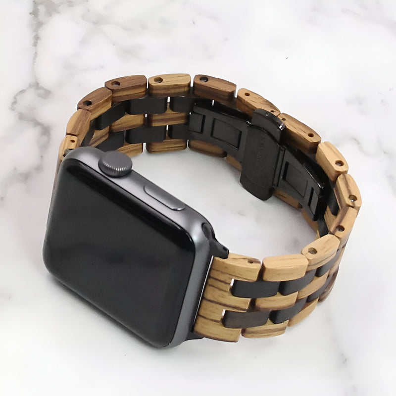 Bracelet de montre en bois zébrano et ébène noir pour Apple Watch, style masculin et naturel.