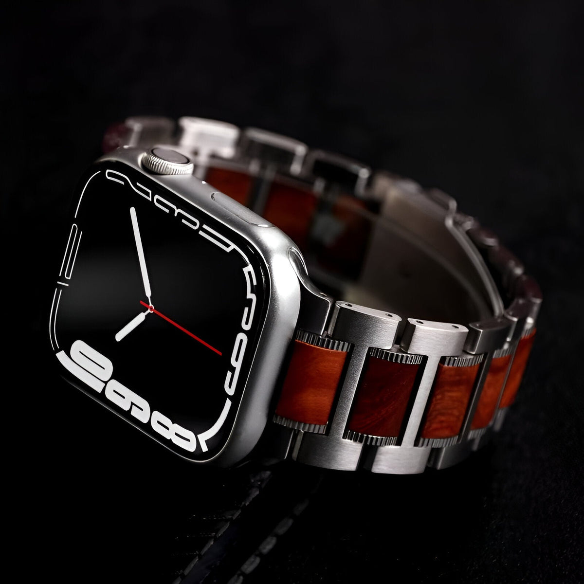 Bracelet de montre en bois de santal et acier argenté pour Apple Watch, modèle Zélio, homme.