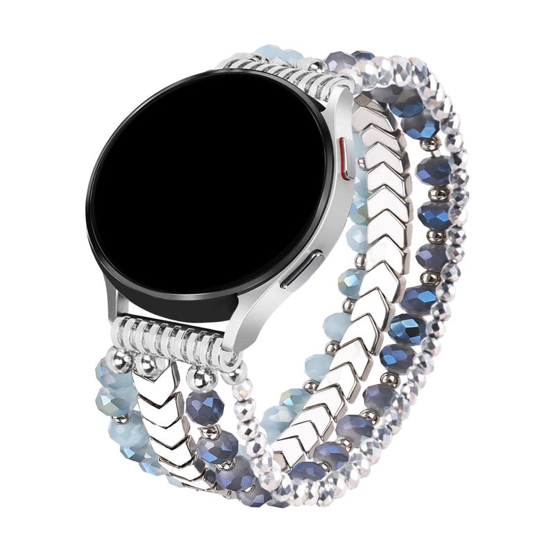 Bracelet de montre connecté bleu et argenté avec cristaux scintillants pour Samsung Galaxy Watch, modèle Lévana, 20 mm.