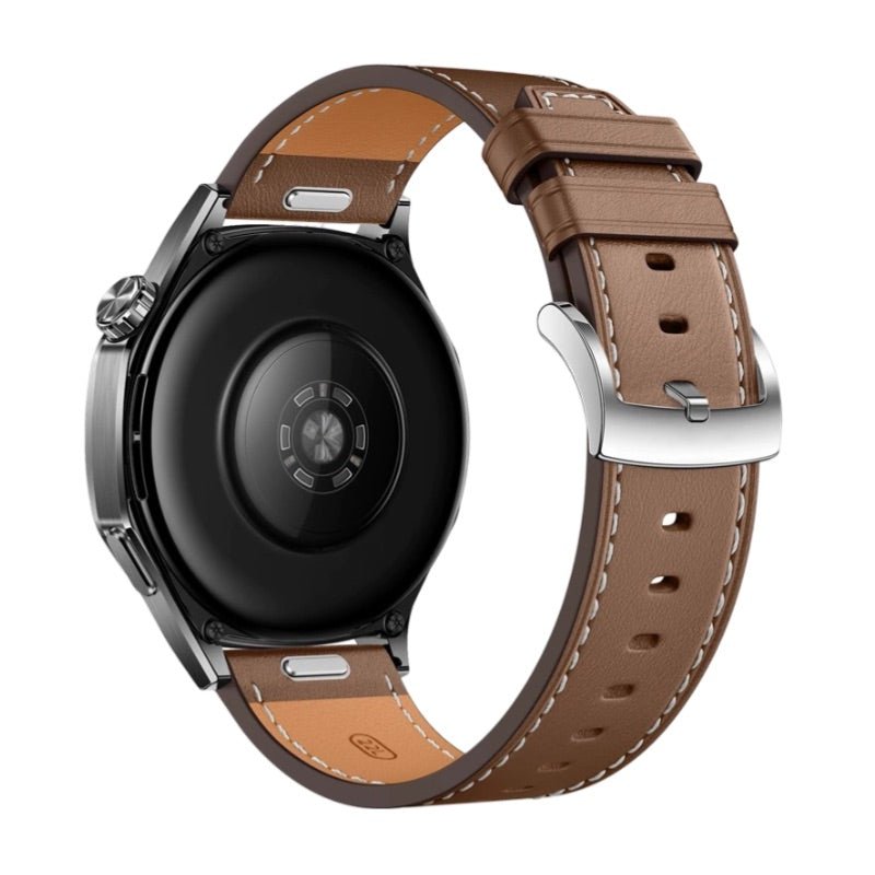 Bracelet montre connectée en cuir marron avec boucle argentée pour Huawei Watch Lujo.
